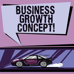 Conceptual hand writing showing Business Growth Concept. Business photo showcasing process of improving some measure of success Car with Fast Movement icon and Exhaust Smoke Speech Bubble