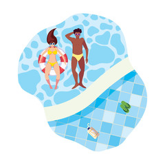 interracial couple with swimsuit and float in water