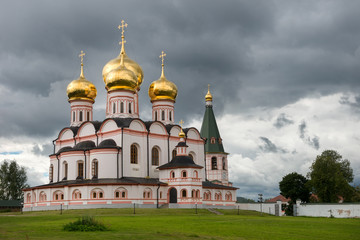 Fototapeta na wymiar Valdai Iversky Svyatoozersky Virgin Monastery for Men. Selvitsky Island, Valdai Lake. Iversky Cathedral