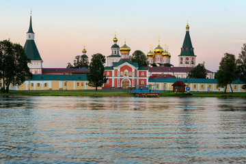 Valdai Iversky Svyatoozersky Virgin Monastery for Men. Selvitsky Island, Valdai Lake. Late summer evening