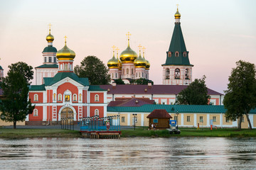 Valdai Iversky Svyatoozersky Virgin Monastery for Men. Selvitsky Island, Valdai Lake. Late summer evening