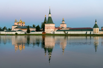 Valdai Iversky Svyatoozersky Virgin Monastery for Men. Selvitsky Island, Valdai Lake. Late summer evening