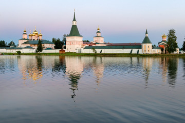 Valdai Iversky Svyatoozersky Virgin Monastery for Men. Selvitsky Island, Valdai Lake. Late summer evening