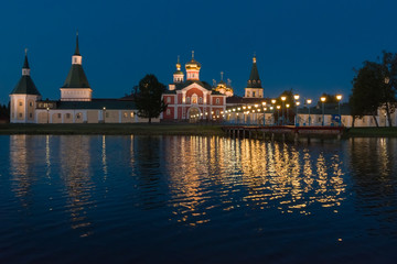 Fototapeta premium Valdai Iversky Svyatoozersky Virgin Monastery for Men. Selvitsky Island, Valdai Lake. Summer night