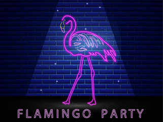 Neon flamingo shining banner Vector. Night club poster label. Bright glowing signboards with light