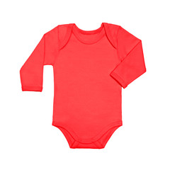 Coral red baby shirt bodysuit with long sleeve isolated on a white background. Mock up for design and placement of logos. Copy space for text or pictures