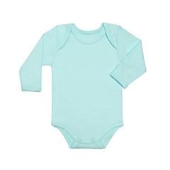 Flat Lay blue baby shirt bodysuit with long sleeve isolated on a white background, for boys. Mock up for design and placement of logos, advertisements. Copy space for text or pictures