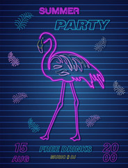 Neon flamingo summer tropic banner Vector. Night club poster label. Bright glowing signboards