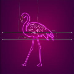 Neon flamingo sign with supports Vector. Night club poster label. Bright glowing signboards with lights