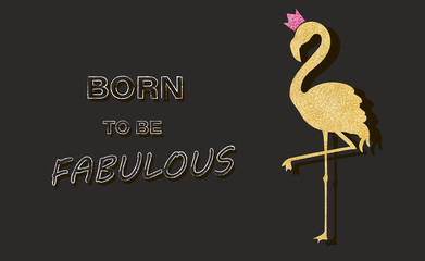 Golden glitter flamingo shining banner Vector. Night club poster label. Bright sparkling signboards © castecodesign