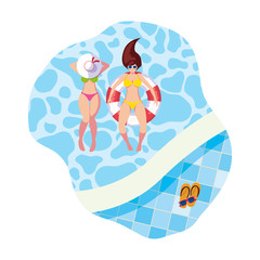 girls with swimsuit and lifeguard float in pool