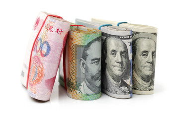 AUD, RMB, USD on white background