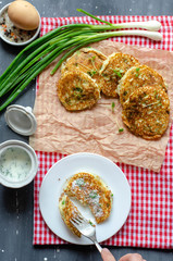 Healthy rice flour pancakes with eggs and green onion