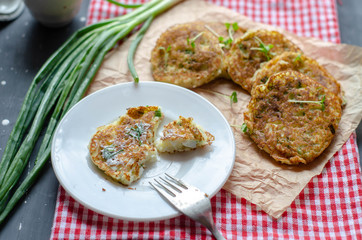 Healthy rice flour pancakes with eggs and green onion