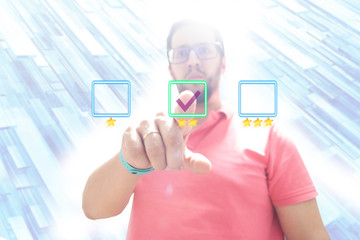 Businessman pressing selection button on virtual touch screen. Customer service evaluation concept.