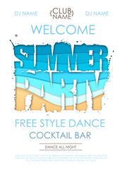 Summer disco party typography poster with beach and ocean waves. Cut out paper art style design