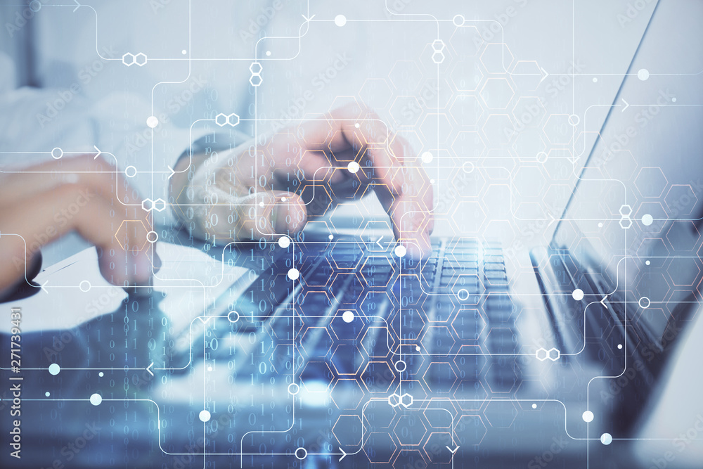 Poster Businessman with computer background with technology theme hologram. Concept of big data. Double exposure.