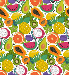 Vector seamless pattern with different tropical exotic fruits and brries in flat simple style