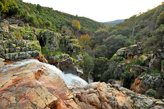 Waterfall of La Batanera or "Chorrera de los Batanes" near Fuencaliente village in Natural Park Valley of Alcudia and Sierra Madrona , province of Ciudad Real, Castilla la Mancha, Spain