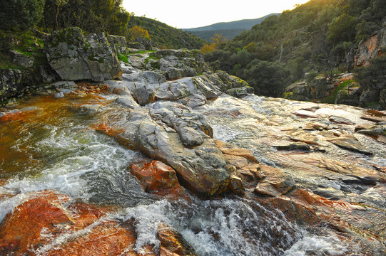 Waterfall of La Batanera or "Chorrera de los Batanes" near Fuencaliente village in Natural Park Valley of Alcudia and Sierra Madrona , province of Ciudad Real, Castilla la Mancha, Spain