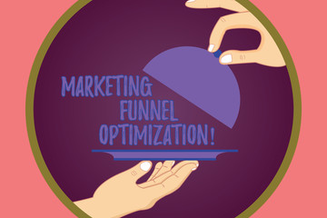 Conceptual hand writing showing Marketing Funnel Optimization. Business photo showcasing Improving the customer acquisition campaign Hu analysis Hands Serving Tray Platter and Lifting the Lid