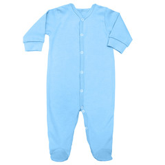 Flat Lay blue organic sleep suit for baby with long sleeve isolated on a white background, for boys. Mock up for design and placement of logos, advertisements. Copy space for text or pictures