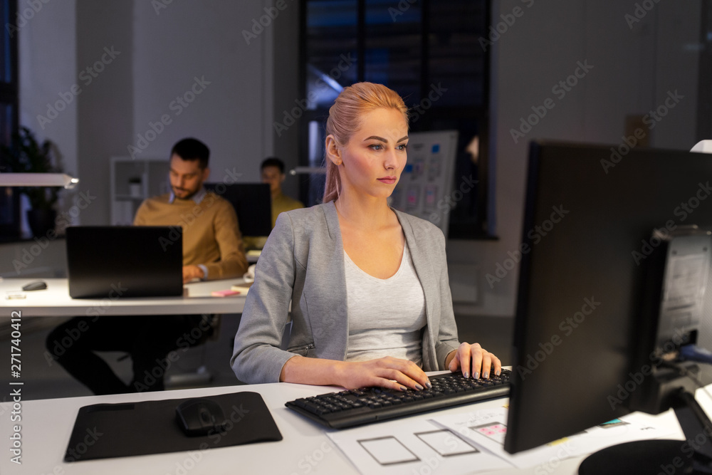 Poster business, deadline and technology concept - designer or user interface developer with computer worki