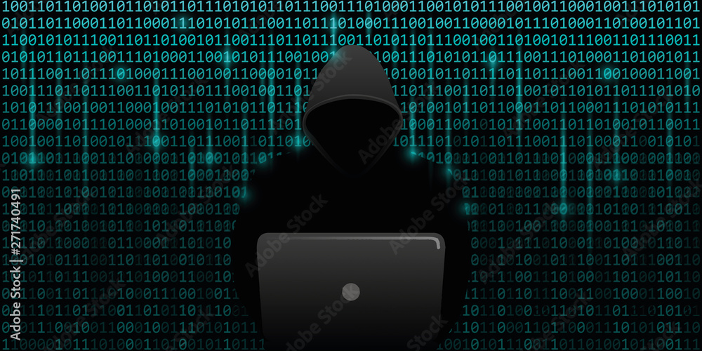 Poster hacker an blue matrix binary code web background cyber crime vector illustration eps10