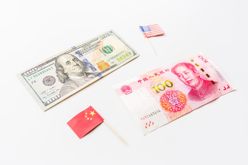 Creative top view flat lay of China and USA flag, mockup and copy space on white background in minimal style. Concept of trade war between USA and China