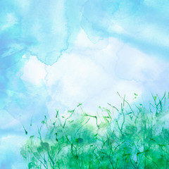 Watercolor blue background, blot, blob, splash of blue paint. Watercolor blue spot, abstraction. Abstract art illustration, shrub, branch, wild grass, plant. watercolor background, shades, banner