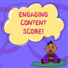 Writing note showing Engaging Content Score. Business photo showcasing Measures how engaged your customers are in a content Baby Sitting on Rug with Pacifier Book and Cloud Speech Bubble