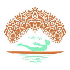 Stand Up Paddle Boarding yoga collection. SUP surfing vector illustration with young woman practicing asanas on a supboard on white background with colorful mandala - Vector