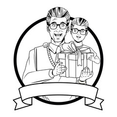 man carrying a boy with a gift box black and white