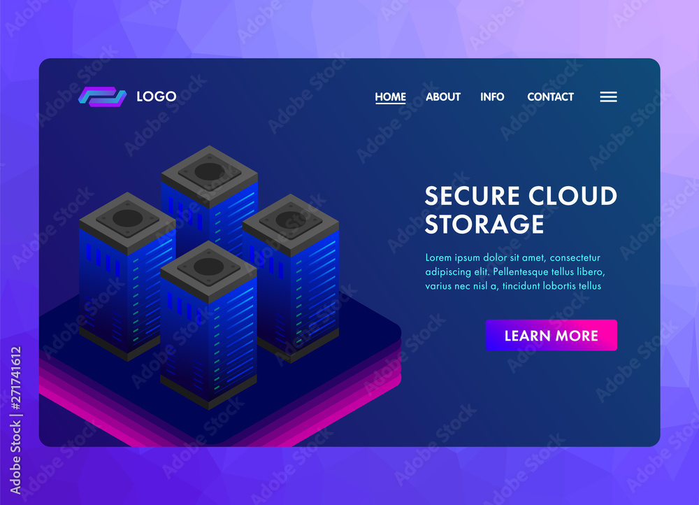Poster cloud storage isometric web template banner concepts. header for website with server racks. design s