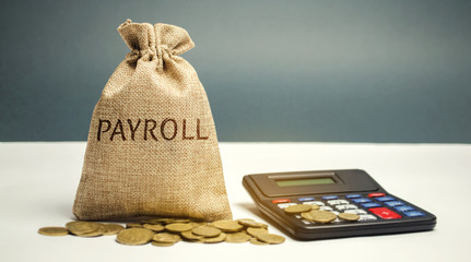 Money bag with the word Payroll and calculator. Payroll is the sum total of all compensation a...
