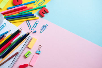 School supplies on colorful background. Concept back to school. Copy space