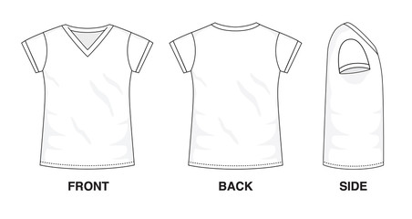 Isolated V-Neck t-shirt object of clothes and fashion stylish wear fill in blank shirt. Regular Tee V Neck Sleeves Illustration Vector Template. Front, back and side view 