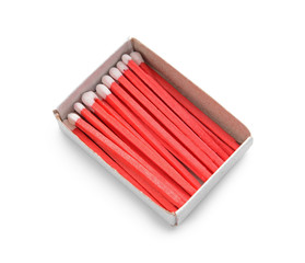 Box with matches on white background