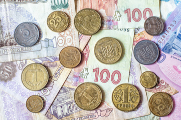 Ukrainian hryvna, coins and bills. Cash, hryvnia.