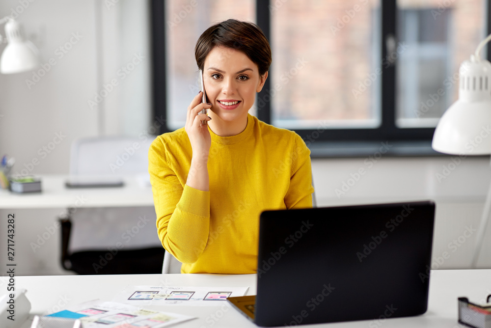 Poster business, technology and ui design concept - smiling female designer with laptop computer and user i