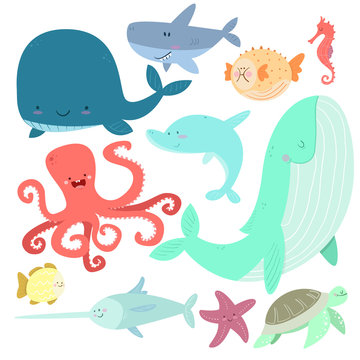 Sea life set. Hand drawn whale, puffer fish, sea horse, dolphin, swordfish, turtle, fish, octopus, shark, starfish. Vector illustration collection. - Vector