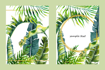 watercolor set of tropical leaves and gold round frame, illustration on white background for use in design, paper, invitation