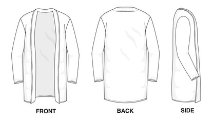 Isolated object of clothes and fashion stylish wear fill in blank shirt long cardigan sweater. Front, back and side view 