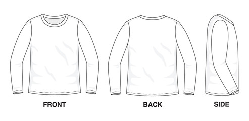 Isolated object of clothes and fashion stylish wear fill in blank shirt sweater. Regular Tee Crew Neck Tee Long Sleeves Illustration Vector Template. Front, back and side view