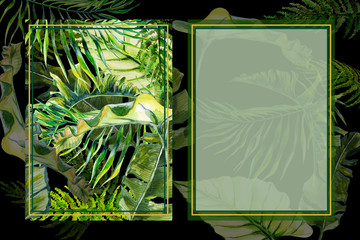 watercolor tropical green leaves and frame on black background for use in design, paper, invitation, set