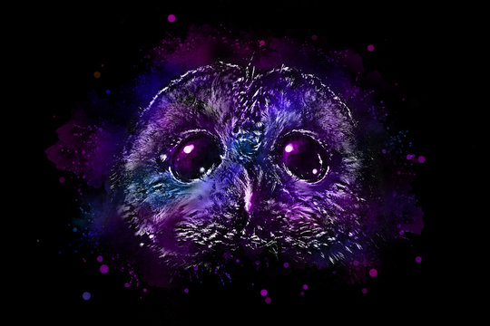 Watercolor mystical drawing of the owl's head with big cute touching and charming eyes in blue and pink tones on a gray sheet of paper with a lot of splashes imitating the starry sky
