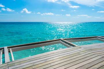 Vacation net seat in tropical Maldives island and beauty of the sea with the coral reefs .