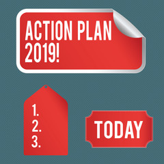 Writing note showing Action Plan 2019. Business concept for proposed strategy or course of actions for current year Color Label Self Adhesive Sticker with Border Corner and Tag