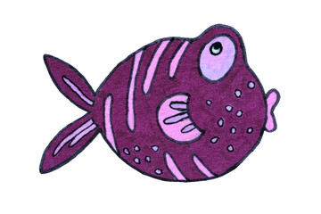 Sea inhabitants, fish. Pattern, illustration. Drawing markers as an element for the background, cover.
