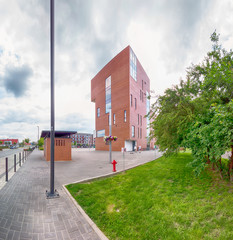 WROCLAW, POLAND - JUNE 01, 2019: Siechnice City Center (near Wroclaw, Poland) with modern City Hall. Architects of this urban project: Mackow Pracownia Projektowa. - obrazy, fototapety, plakaty